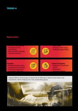 TREND 4
ADVANCED DATA ANALYTICS
Happiest Minds will leverage its Advanced AI offerings to detect fraud claims, loss
assessment, claims triaging and in the underwriting space.
A McKinsey research shows that accelerating investments in digital and advanced data
analytics will be the “difference between slowly declining and flourishing” businesses in the
insurance sector. The strategic importance of data and advanced analytics is well received
lately in the insurance industry. Renowned insurance products like Guidewire and Duck Creek
offer inbuilt analytics solutions which can be easily incorporated to derive insights from the
underlying data.
There are other 3rd party solution partners offering niche, prebuilt analytics solutions. Given
the plethora of choices, insurers can now focus on the use cases and strategy and let the
solution partners take care of the technical challenges.
Opportunities
Policy Management
• Usage based insurance with
connected devices
• Improved real-time risk
management and
underwriting
• New products matching
customer behavior
Claims Intake
• Intelligent Document
processing for automated
claim intake
• Analytical claim triage,
scoring & segmentation
Payment
• Straight through invoice
processing for small loss
• Predictive analytics for
subrogation detection
Claims Processing
• Detection of fraudulent
claims
• Automated
appraisal-damage
evaluation & estimation
 