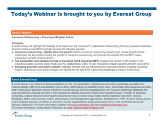 Today’s Webinar is brought to you by Everest Group


Today’s Webinar
Insurance Outsourcing – Ensuring a Brighter Future

Synopsis:
Everest Group will highlight the findings of its reports on the insurance IT Application Outsourcing (AO) and insurance Business
Process Outsourcing (BPO) market covering the following aspects:
 Insurance outsourcing – Market size and growth: Define insurance outsourcing industry size, review growth trends,
  understand the key factors driving the growth of insurance outsourcing and discuss the specific AO and BPO value
                                                                 outsourcing,
  propositions in light of these drivers
 Key transaction and adoption trends in Insurance AO & Insurance BPO: Analyze the current IT-BP activity in the
  insurance sector covering ‘large, multi-year AO relationships’ within IT, and ‘insurance industry specific and non-voice BPO’
 Emerging priorities and future outlook: Highlight themes that are influencing the sourcing priorities of global insurance
  majors; and discuss how these changes will impact the AO and BPO outsourcing landscape evolution in the future
     j ;                                 g          p                                 g        p


About Everest Group
Everest Group is an advisor to business leaders on the next generation of global services with a worldwide reputation for
helping Global 1000 firms dramatically improve their performance by optimizing their back and middle office business services
                                                                                       back-       middle-office          services.
With a fact-based approach driving outcomes, Everest Group counsels organizations with complex challenges related to the
use and delivery of global services in their pursuits to balance short-term needs with long-term goals. Through its practical
consulting, original research and industry resource services, Everest Group helps clients maximize value from delivery
strategies, talent and sourcing models, technologies and management approaches. Established in 1991, Everest Group serves
users of global services, providers of services, country organizations and private equity firms, in six continents across all
         g               ,p                     ,       y g                 p       q y        ,
industry categories. For more information, please visit www.everestgrp.com and research.everestgrp.com.
For more information, contact Mark Williamson at mark.williamson@everestgrp.com

                                              Proprietary & Confidential. © 2011, Everest Global, Inc.                          1
 