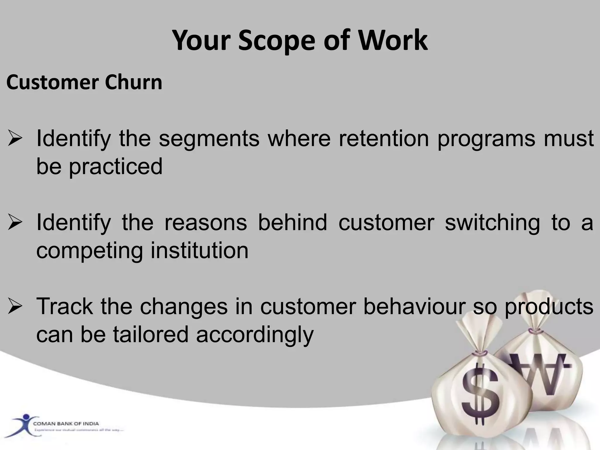 Your Scope of Work
Customer Churn
 Identify the segments where retention programs must
be practiced
 Identify the reasons behind customer switching to a
competing institution
 Track the changes in customer behaviour so products
can be tailored accordingly
 