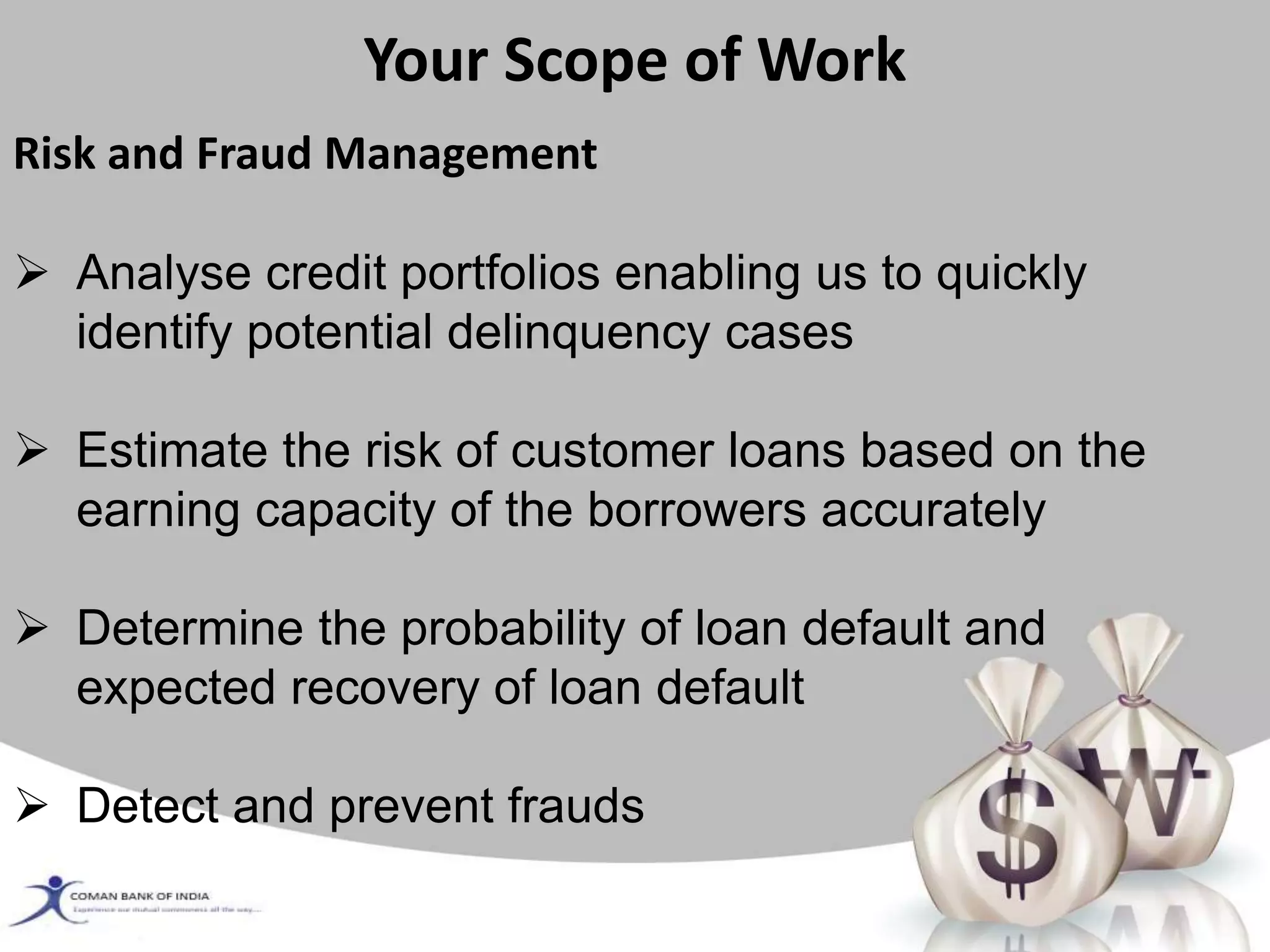 Your Scope of Work
Risk and Fraud Management
 Analyse credit portfolios enabling us to quickly
identify potential delinquency cases
 Estimate the risk of customer loans based on the
earning capacity of the borrowers accurately
 Determine the probability of loan default and
expected recovery of loan default
 Detect and prevent frauds
 