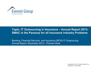 Topic: IT Outsourcing in Insurance – Annual Report 2013:
SMAC is the Panacea for all Insurance Industry Problems
Banking, Financial Services, and Insurance (BFSI) IT Outsourcing
Annual Report: December 2013 – Preview Deck
Copyright © 2013, Everest Global, Inc.
EGR-2013-11-PD-0991
 