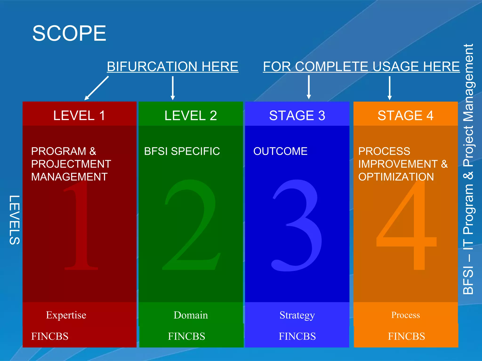 SCOPE




                                                                         BFSI – IT Program & Project Management
                       BIFURCATION HERE     FOR COMPLETE USAGE HERE


            LEVEL 1           LEVEL 2        STAGE 3       STAGE 4

         PROGRAM &         BFSI SPECIFIC   OUTCOME       PROCESS




           1234
         PROJECTMENT                                     IMPROVEMENT &
         MANAGEMENT                                      OPTIMIZATION
LEVELS




           Expertise            Domain        Strategy       Process

         FINCBS                FINCBS         FINCBS         FINCBS
 