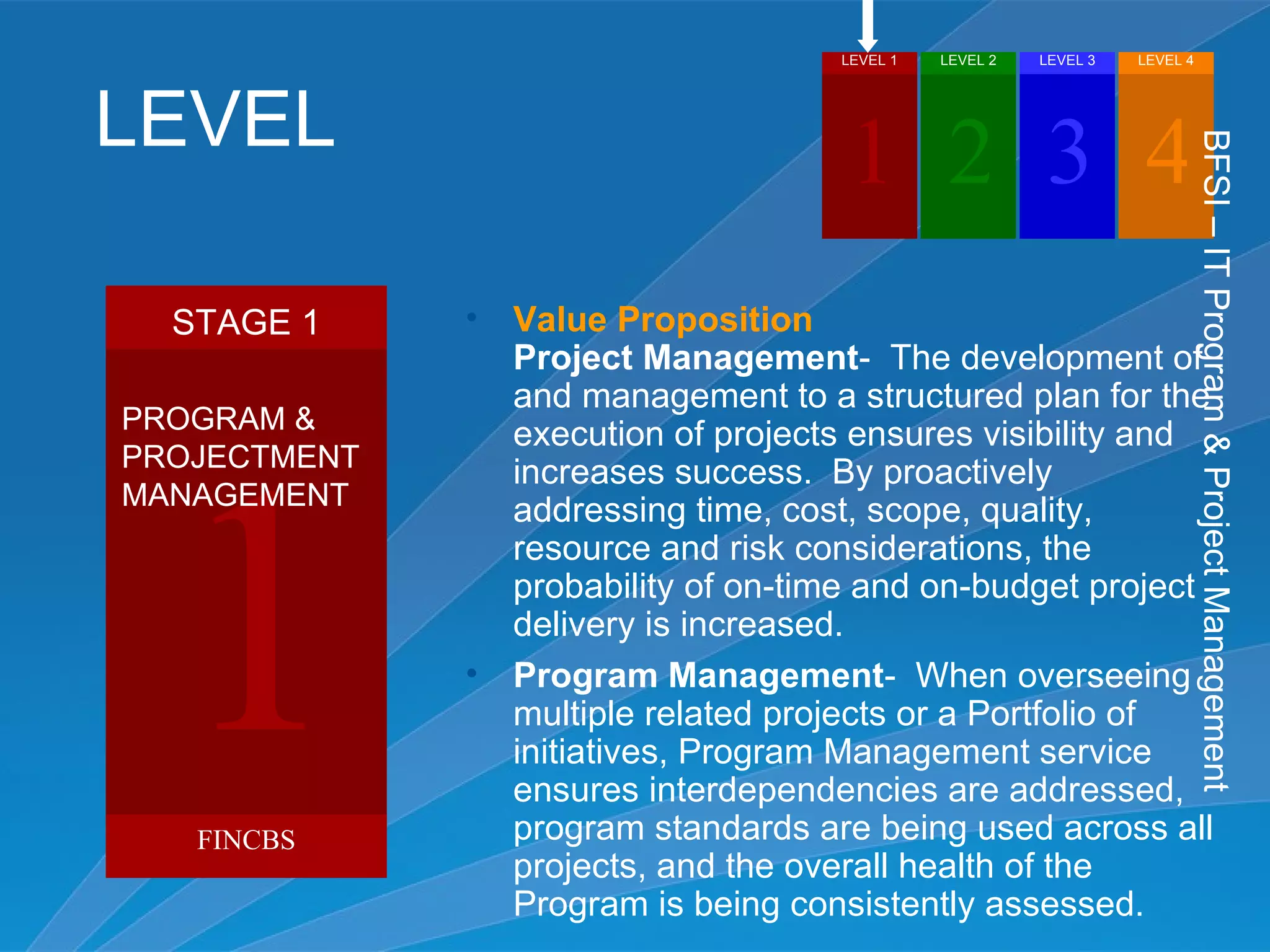 LEVEL 1   LEVEL 2   LEVEL 3   LEVEL 4




LEVEL                                  1 2 3 4




                                                                              BFSI – IT Program & Project Management
  STAGE 1     •   Value Proposition
                  Project Management- The development of
                  and management to a structured plan for the
PROGRAM &         execution of projects ensures visibility and




  1
PROJECTMENT       increases success. By proactively
MANAGEMENT        addressing time, cost, scope, quality,
                  resource and risk considerations, the
                  probability of on-time and on-budget project
                  delivery is increased.
              •   Program Management- When overseeing
                  multiple related projects or a Portfolio of
                  initiatives, Program Management service
                  ensures interdependencies are addressed,
   FINCBS         program standards are being used across all
                  projects, and the overall health of the
                  Program is being consistently assessed.
 