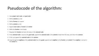 Pseudocode of the algorithm:
1. Input graph, start node, and goal node
2. Define solution as a list
3. Define frontier as a queue
4. Define visited as a list
5. Append start node to frontier and visited
6. While the frontier is not empty:
7. Dequeue the frontier and store the value in the selected node
8. If the selected node is equal to the goal node, append the selected node to the solution, break from the loop, and return the solution.
9. If not, just append the selected node to the solution.
10.Loop through all neighbors of the selected node from the graph, append each neighbor to the frontier and visited if the neighbor is not yet in
the visited list.
 