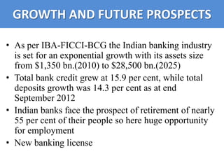 GROWTH AND FUTURE PROSPECTS

• As per IBA-FICCI-BCG the Indian banking industry
  is set for an exponential growth with its assets size
  from $1,350 bn.(2010) to $28,500 bn.(2025)
• Total bank credit grew at 15.9 per cent, while total
  deposits growth was 14.3 per cent as at end
  September 2012
• Indian banks face the prospect of retirement of nearly
  55 per cent of their people so here huge opportunity
  for employment
• New banking license
 