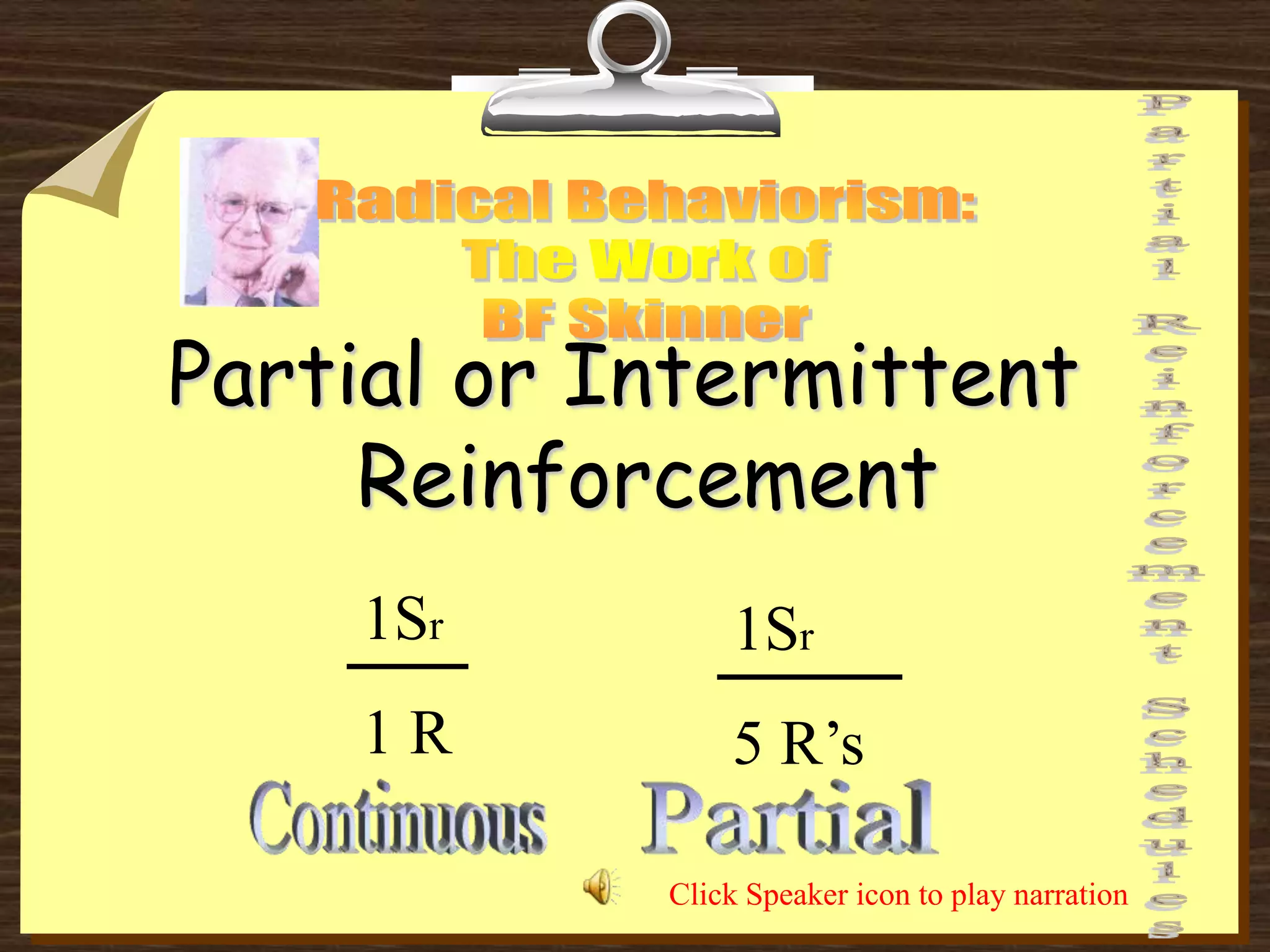 Partial or Intermittent
Reinforcement
1Sr
1 R
1Sr
5 R’s
Click Speaker icon to play narration
 