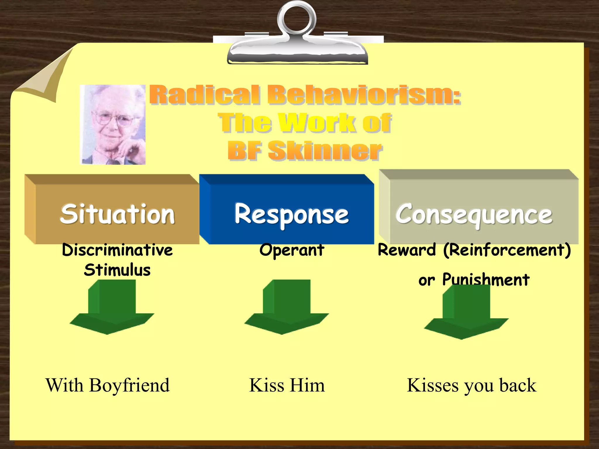 Situation
Discriminative
Stimulus
Response
Operant
Consequence
Reward (Reinforcement)
or Punishment
With Boyfriend Kisses you backKiss Him
 