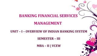 BANKING FINANCIAL SERVICES
MANAGEMENT
UNIT – I – OVERVIEW OF INDIAN BANKING SYSTEM
SEMESTER – III
MBA – II | VCEW
 