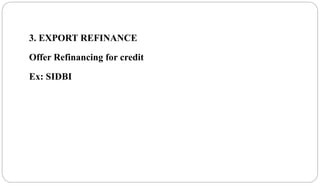 3. EXPORT REFINANCE
Offer Refinancing for credit
Ex: SIDBI
 