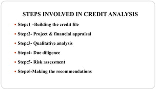 STEPS INVOLVED IN CREDIT ANALYSIS
 Step:1 –Building the credit file
 Step:2- Project & financial appraisal
 Step:3- Qualitative analysis
 Step:4- Due diligence
 Step:5- Risk assessment
 Step:6-Making the recommendations
 