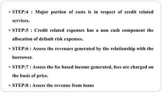  STEP:4 : Major portion of costs is in respect of credit related
services.
 STEP:5 : Credit related expenses has a non cash component the
allocation of default risk expenses.
 STEP:6 : Assess the revenues generated by the relationship with the
borrower.
 STEP:7 : Assess the fee based income generated, fees are charged on
the basis of price.
 STEP:8 : Assess the revenue from loans
 