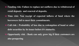 Funding risk: Failure to replace net outflows due to withdrawal of
retail deposits and renewal of deposits.
 Time risk: Non receipt of expected inflows of fund where the
borrowers fail to meet their commitments.
 Call risk : Probability of loss due to redemption of bond or other
debt securities by its issuer before it‘s maturity.
 Opportunity risk : Bank can only grow big if their customers are
also prospering
 