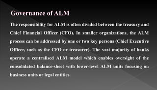 The responsibility for ALM is often divided between the treasury and
Chief Financial Officer (CFO). In smaller organizations, the ALM
process can be addressed by one or two key persons (Chief Executive
Officer, such as the CFO or treasurer). The vast majority of banks
operate a centralised ALM model which enables oversight of the
consolidated balance-sheet with lower-level ALM units focusing on
business units or legal entities.
 