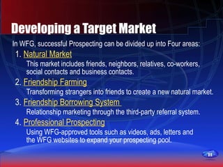 1111
Developing a Target Market
In WFG, successful Prospecting can be divided up into Four areas:
1. Natural Market
This market includes friends, neighbors, relatives, co-workers,
social contacts and business contacts.
2. Friendship Farming
Transforming strangers into friends to create a new natural market.
3. Friendship Borrowing System
Relationship marketing through the third-party referral system.
4. Professional Prospecting
Using WFG-approved tools such as videos, ads, letters and
the WFG websites to expand your prospecting pool.
1111
 