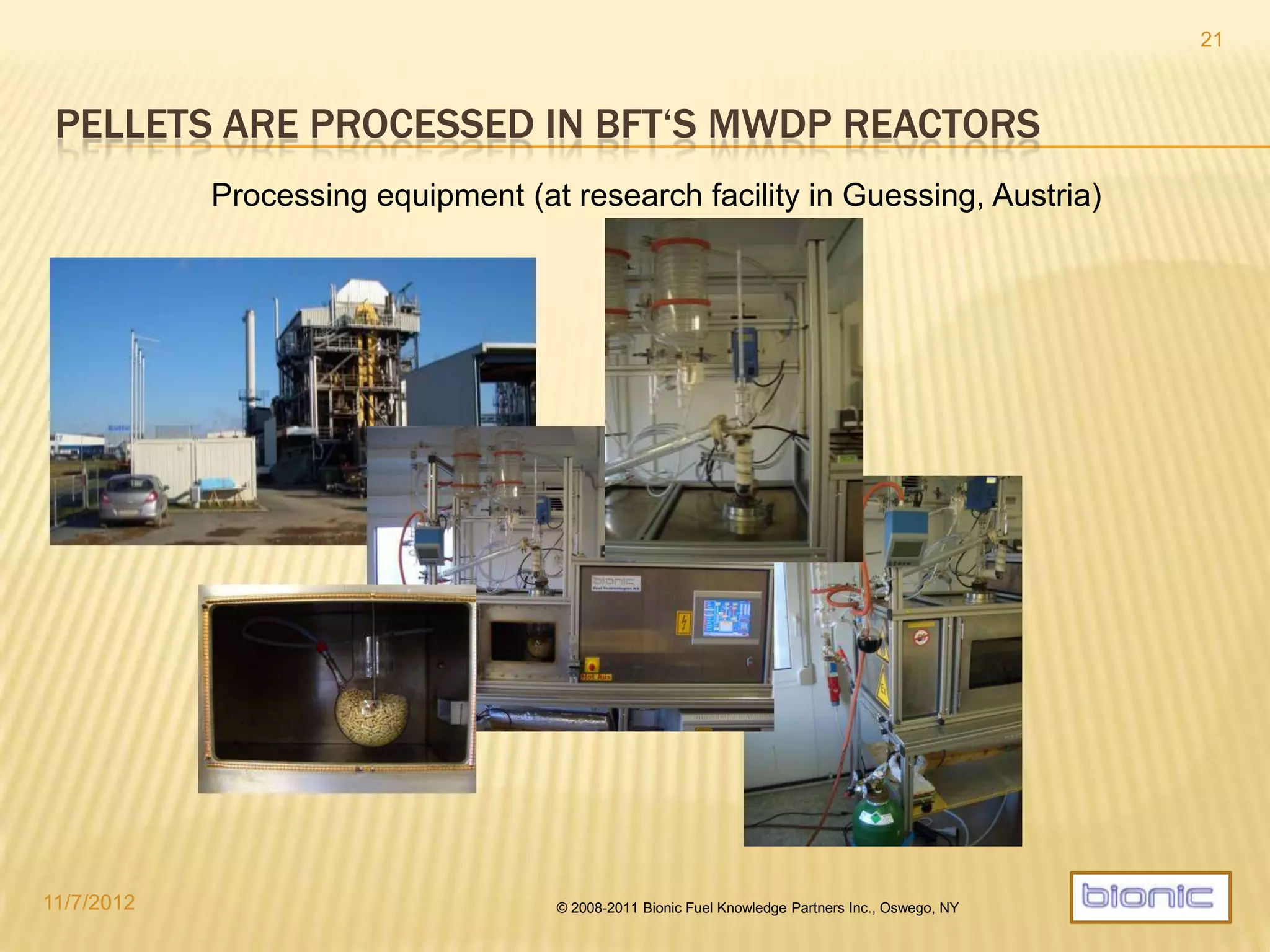 A MICROFUEL LAB REACTOR
Inside
First Distillation
Raw Distillate4/19/2014 © 2008-2013 Bionic Fuel Knowledge Partners Inc., Oswego, NY
21
 