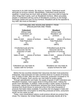 resources to its cloth industry. By doing so, however, Cottonland would
eliminate its furniture industry. Nevertheless, Cottonland would become
wealthier; it would have as much cloth as before, plus more cloth to trade for
other things that it wants, such as Woodland's furniture. (More accurately,
people in Cottonland will buy some of Woodland's currency on the foreign
exchange market and use it to buy furniture; Woodland will do the opposite to
buy cloth. But more on that later.)

          COTTONLAND AND WOODLAND BENEFIT FROM
                 SPECIALIZATION AND TRADE

            Cottonland                                Woodland
            Without trade                            Without trade
           Cottonland can                            Woodland can
              produce:                                 produce:
        8                   4                    4                    8
  bales of cloth    pieces of furniture    bales of cloth     pieces of furniture
          Total Production:                        Total Production:
                 12                                        12
                UNITS                                     UNITS

   If Cottonland puts all of its               If Woodland puts all of its
       resources into the                           resources into the
       production of cloth:                       production of furniture:
        16                      0                 0                    16
  bales of cloth     pieces of furniture   bales of cloth      pieces of furniture
                 Total                                    Total
             Production:                               Production:
                  16                                       16
                UNITS                                    UNITS

 Cottonland can now trade its                  Woodland can now trade its
  surplus cloth for furniture.                  surplus furniture for cloth


  Before the two countries directed their resources into their most productive
enterprises, total production for both countries stood at 12 pieces of furniture
and 12 bales of cloth. After the shift in resources, production increased to 16
bales and 16 pieces. Each country can now trade its surplus goods.
  Through specialization and trade, the supply of goods in both Cottonland and
Woodland increases; more supply tends to bring prices down, making the
goods more affordable. In addition, trade provides a wider variety of goods to
consumers: salmon from Scandinavia, bananas from South America and
cameras from South Korea, to name just a few of the many thousands of
products that trade makes available. If countries did not engage in trade and
instead limited their consumption to what they produced at home, consumers
would not live nearly as well.
  Today, most industrialized nations could produce almost any product they
chose. For instance, the United States could conceivably devote all of its
 