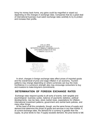 bring his money back home, any gains could be magnified or wiped out,
depending on the changes in exchange rates. Companies that do a great deal
of international business must watch exchange rates carefully to try to protect
and increase their profits.




  In short, changes in foreign exchange rates affect prices of imported goods
and the overall level of price and wage inflation in an economy. Tourism
patterns may change depending on where currencies can buy the most.
Confidence in a currency's strength also may encourage consumers to buy
and investors to make long-term commitments.

DETERMINATION OF FOREIGN EXCHANGE RATES
 Exchange rates respond quickly to all sorts of events, both tangible and
psychological: business cycles, balance of payments statistics, political
developments, new tax laws, stock market news, expectations for inflation,
international investment patterns, government and central bank policies, and
many other things.
  At the heart of all this complexity, though, are the same forces of supply and
demand that determine the prices of goods and services in any free market. If,
at current exchange rates, the demand for a currency is greater than the
supply, its price tends to rise; if supply exceeds demand, the price tends to fall.
 