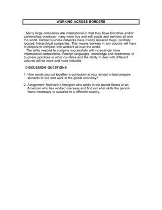 WORKING ACROSS BORDERS


  Many large companies are international in that they have branches and/or
partnerships overseas; many more buy and sell goods and services all over
the world. Global business networks have mostly replaced huge, centrally
located, hierarchical companies. This means workers in any country will have
to prepare to compete with workers all over the world.
  The skills needed to compete successfully will increasingly have
international components. Foreign languages, knowledge and experience of
business practices in other countries and the ability to deal with different
cultures will be more and more valuable.

 DISCUSSION QUESTIONS

1. How would you put together a curriculum at your school to best prepare
   students to live and work in the global economy?

2. Assignment: Interview a foreigner who works in the United States or an
   American who has worked overseas and find out what skills the person
   found necessary to succeed in a different country.
 