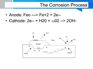 The Corrosion Process
• Anode: Feo ---> Fe+2 + 2e--
• Cathode: 2e-- + H20 + 1/202 --> 2OH-
 