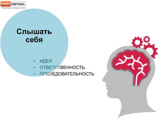 • ИДЕЯ
• ОТВЕТСТВЕННОСТЬ
• ПОСЛЕДОВАТЕЛЬНОСТЬ
Слышать
себя
 