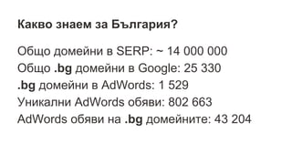 Какво знаем за България?
Общо домейни в SERP: ~ 14 000 000
Общо .bg домейни в Google: 25 330
.bg домейни в AdWords: 1 529
...