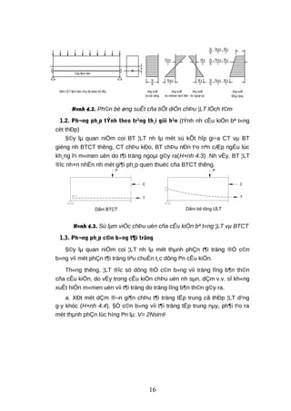 H×nh 4.2. Ph©n bè øng suÊt cña tiÕt diÖn chÞu ¦LT lÖch t©m
1.2. Ph¬ng ph¸p tÝnh theo tr¹ng th¸i giíi h¹n (tÝnh nh cÊu kiÖn bª t«ng
cèt thÐp)
§©y lµ quan niÖm coi BT ¦LT nh lµ mét sù kÕt hîp gi÷a CT vµ BT
gièng nh BTCT thêng, CT chÞu kÐo, BT chÞu nÐn t¹o nªn cÆp ngÉu lùc
kh¸ng l¹i m«men uèn do t¶i träng ngoµi g©y ra(H×nh 4.3) .Nh vËy, BT ¦LT
®îc nh×n nhËn nh mét gi¶i ph¸p quen thuéc cña BTCT thêng.
H×nh 4.3. Sù lµm viÖc chÞu uèn cña cÊu kiÖn bª t«ng ¦LT vµ BTCT
1.3. Ph¬ng ph¸p c©n b»ng t¶i träng
§©y lµ quan niÖm coi ¦LT nh lµ mét thµnh phÇn t¶i träng ®Ó c©n
b»ng víi mét phÇn t¶i träng tiªu chuÈn t¸c dông lªn cÊu kiÖn.
Th«ng thêng, ¦LT ®îc sö dông ®Ó c©n b»ng víi träng lîng b¶n th©n
cña cÊu kiÖn, do vËy trong cÊu kiÖn chÞu uèn nh sµn, dÇm v.v. sÏ kh«ng
xuÊt hiÖn m«men uèn víi t¶i träng do träng lîng b¶n th©n g©y ra.
a. XÐt mét dÇm ®¬n gi¶n chÞu t¶i träng tËp trung cã thÐp ¦LT d¹ng
g·y khóc (H×nh 4.4). §Ó c©n b»ng víi t¶i träng tËp trung nµy, ph¶i t¹o ra
mét thµnh phÇn lùc híng lªn lµ: V= 2Nsinθ
16
 