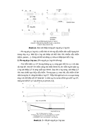 2d 4d
d
§o¹ n thÐp
d
4d 10mm
2,5d
Vßng ®Öm
d
a)
6db)
d
d2 5mm
2d
d
2d-20d
1,5d+2d1+3mm
c)
5mm
5mm
d)
d=35-50mm
δ=3-4mm
H×nh : Neo cèt thÐp trong phu¬ng ph¸ p c¨ ng truí c
a) hµn ®o¹ n thÐp ng¾n hay vßng ®Öm, b) gen c¸ c gê xo¾n èc,
c) neo lo¹ i vßng, d) neo lo¹ i èng.
H×nh 2.2. Neo cèt thÐp trong ph¬ng ph¸p c¨ng tríc
- Ph¬ng ph¸p c¨ng tríc u viÖt ®èi víi nh÷ng cÊu kiÖn s¶n xuÊt hµng lo¹t
trong nhµ m¸y. Mét lÇn c¨ng cèt thÐp cã thÓ ®óc ®îc nhiÒu cÊu kiÖn
(dÇm, panen,...). Còng cã thÓ sö dông v¸n khu«n thÐp lµm bÖ c¨ng.
2. Ph¬ng ph¸p c¨ng sau: (Ph¬ng ph¸p c¨ng trªn bªt«ng)
- Tríc hÕt ®Æt c¸c CT th«ng thêng vµ c¸c èng gen ®Ó t¹o c¸c r·nh däc
råi ®æ BT. Khi BT ®¹t ®Õn cêng ®é nhÊt ®Þnh R0 th× tiÕn hµnh luån vµ
c¨ng cèt thÐp ¦LT tíi øng suÊt qui ®Þnh. Sau khi c¨ng xong, cèt thÐp ¦LT
®îc neo chÆt vµo ®Çu cÊu kiÖn. Th«ng qua c¸c neo ®ã, cÊu kiÖn sÏ bÞ
nÐn b»ng lùc ®· dïng khi kÐo c¨ng CT. TiÕp ®ã ngêi ta b¬m v÷a vµo trong
èng r·nh ®Ó b¶o vÖ CT khái bÞ ¨n mßn vµ t¹o ra lùc dÝnh gi÷a BT vµ CT,
®ã lµ lo¹i BTCT ¦LT cã dÝnh b¸m.(H×nh 2.3).
4
NN
e0
2
1
3
a)
N N
e0
5
7
b
h
b)
Neo
èng r· nh vµcèt thÐp
èng chuyÓn huí ng
c)
H×nh : S¬ ®å phu¬ng ph¸ p c¨ ng sau
a) trong qu¸ tr×nh c¨ ng, b) sau khi c¨ ng, c) biÖn ph¸ p c¨ ng ngoµi.
1- cèt thÐp øng lùc truí c, 2- cÊu kiÖn BTCT, 3- èng r· nh,
4- thiÕt bÞkÝch, 5- neo, 6- trôc trung t©m, 7- trôc trung hoµ.
H×nh 2.3. S¬ ®å ph¬ng ph¸p c¨ng sau
7
 