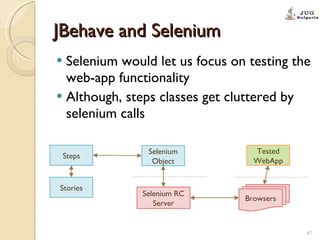 JBehave and Selenium Selenium would let us focus on testing the web-app functionality Although, steps classes get cluttered by selenium calls Steps Selenium Object Tested WebApp Selenium RC Server Browsers Stories 