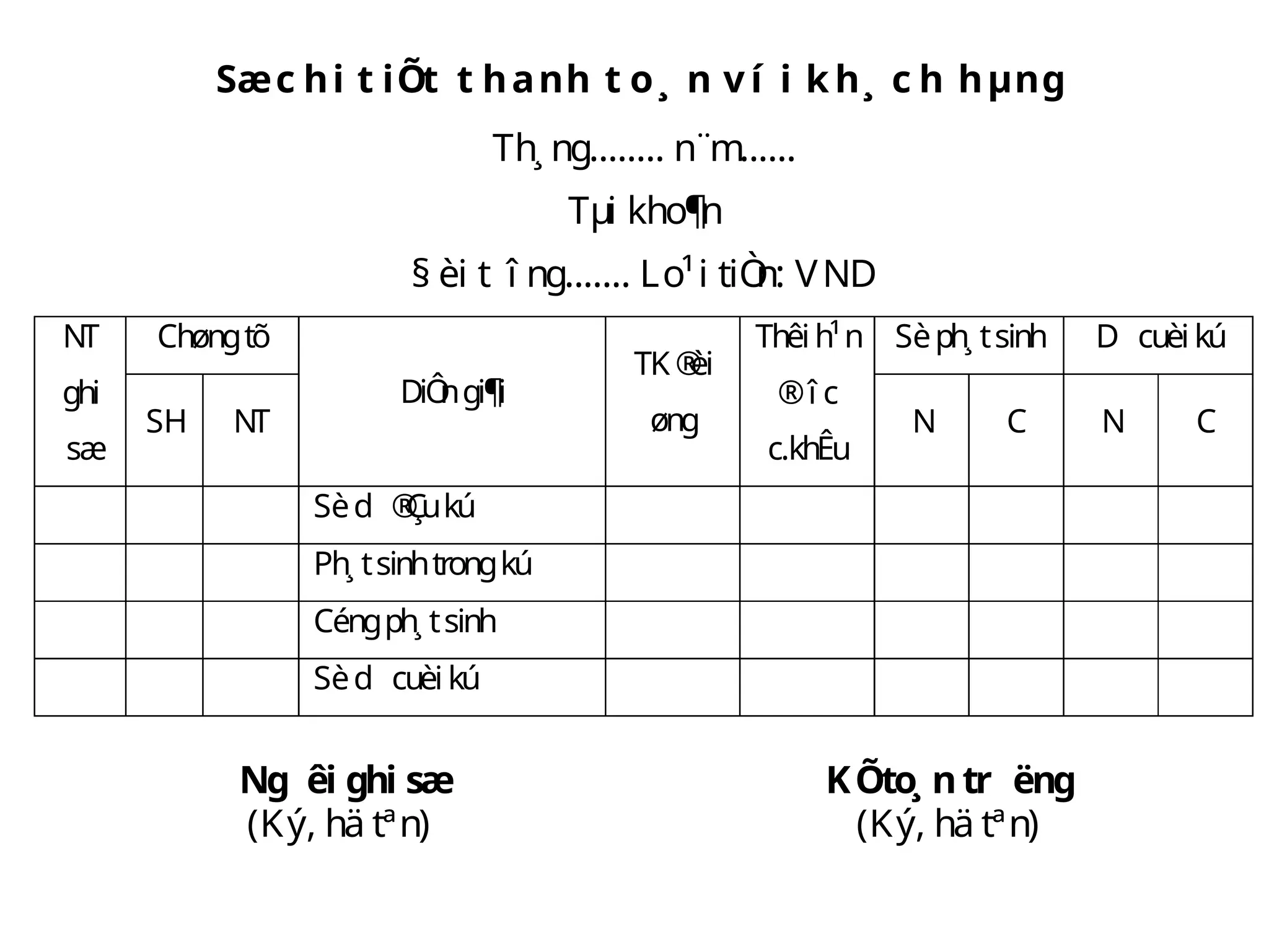 Sæc hi t iÕt t hanh t o ¸ n v í i k h¸ c h hµng
Th¸ ng........ n¨m......
Tµi kho¶
n
§ èi t­ î ng....... Lo¹i tiÒ
n: VND
Chøngtõ Sèph¸ tsinh D­ cuèi kú
NT
ghi
sæ
SH NT
DiÔ
ngi¶i
TK ®
èi
øng
Thêih¹n
®
­ î c
c.khÊu
N C N C
Sèd­ ®
Çukú
Ph¸ tsinhtrongkú
Céngph¸ tsinh
Sèd­ cuèi kú
Ng­ êi ghi sæ
(Ký, hä tªn)
KÕto¸ ntr­ ëng
(Ký, hä tªn)
 