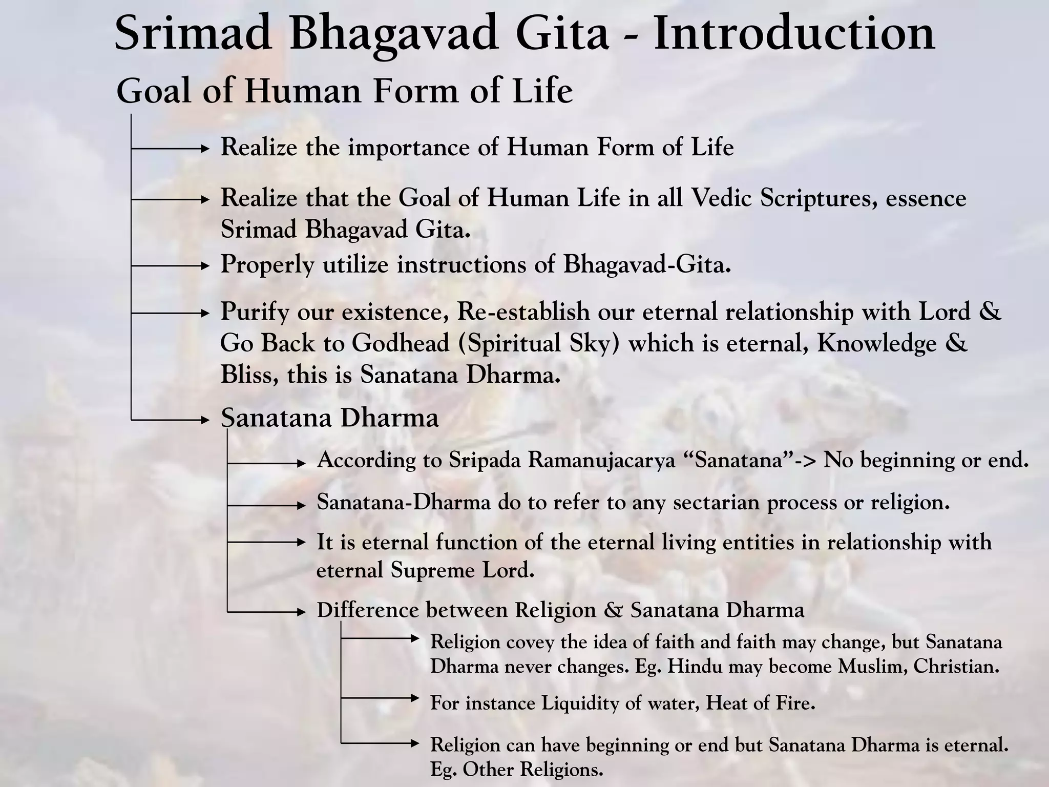 Srimad Bhagavad Gita - Introduction
Goal of Human Form of Life
Realize the importance of Human Form of Life
Realize that the Goal of Human Life in all Vedic Scriptures, essence
Srimad Bhagavad Gita.
Sanatana Dharma
Properly utilize instructions of Bhagavad-Gita.
Purify our existence, Re-establish our eternal relationship with Lord &
Go Back to Godhead (Spiritual Sky) which is eternal, Knowledge &
Bliss, this is Sanatana Dharma.
According to Sripada Ramanujacarya “Sanatana”-> No beginning or end.
Sanatana-Dharma do to refer to any sectarian process or religion.
It is eternal function of the eternal living entities in relationship with
eternal Supreme Lord.
Difference between Religion & Sanatana Dharma
Religion covey the idea of faith and faith may change, but Sanatana
Dharma never changes. Eg. Hindu may become Muslim, Christian.
For instance Liquidity of water, Heat of Fire.
Religion can have beginning or end but Sanatana Dharma is eternal.
Eg. Other Religions.
 