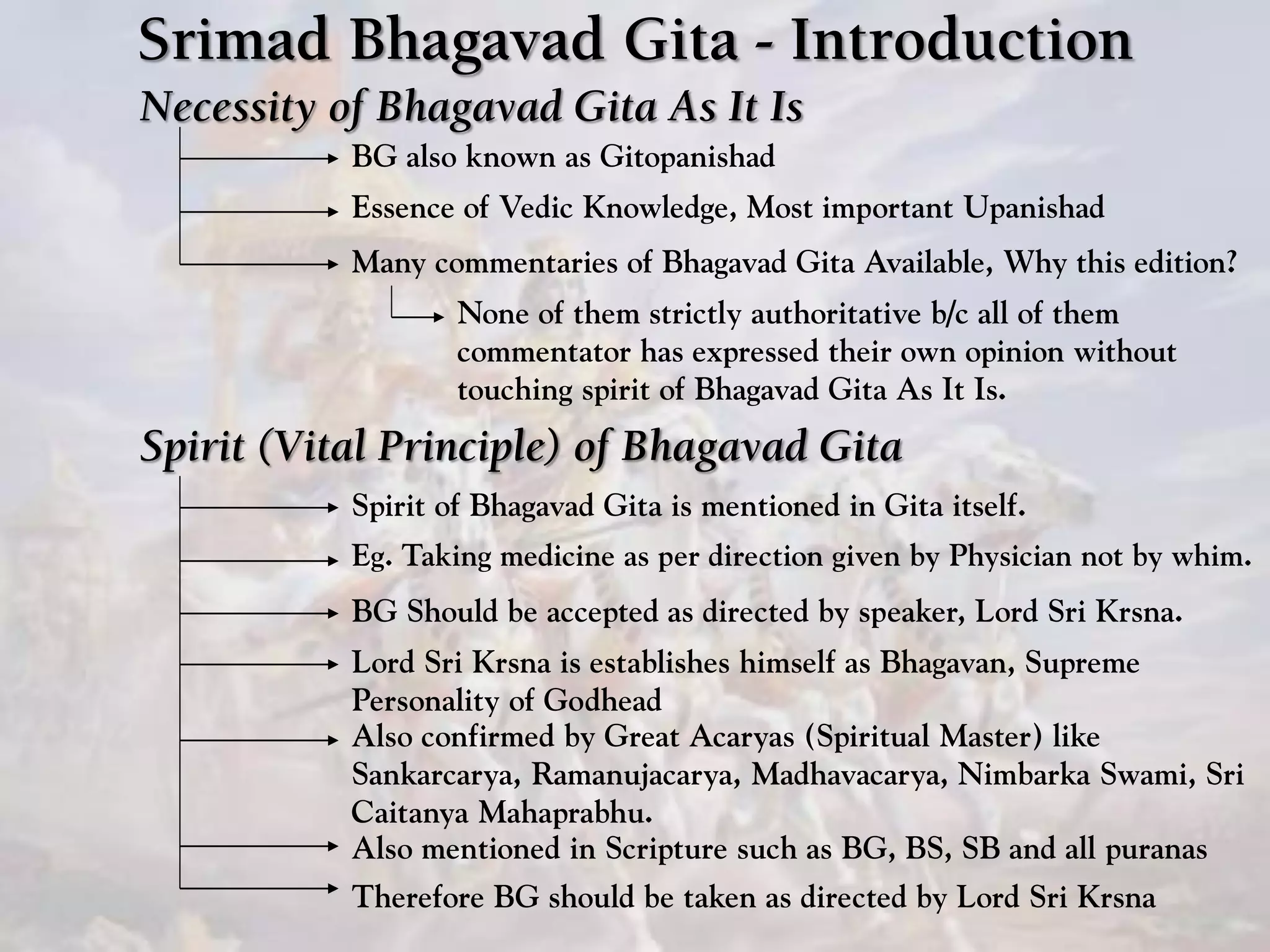 Srimad Bhagavad Gita - Introduction
Necessity of Bhagavad Gita As It Is
BG also known as Gitopanishad
Essence of Vedic Knowledge, Most important Upanishad
Many commentaries of Bhagavad Gita Available, Why this edition?
None of them strictly authoritative b/c all of them
commentator has expressed their own opinion without
touching spirit of Bhagavad Gita As It Is.
Spirit (Vital Principle) of Bhagavad Gita
Spirit of Bhagavad Gita is mentioned in Gita itself.
Eg. Taking medicine as per direction given by Physician not by whim.
BG Should be accepted as directed by speaker, Lord Sri Krsna.
Lord Sri Krsna is establishes himself as Bhagavan, Supreme
Personality of Godhead
Also confirmed by Great Acaryas (Spiritual Master) like
Sankarcarya, Ramanujacarya, Madhavacarya, Nimbarka Swami, Sri
Caitanya Mahaprabhu.
Also mentioned in Scripture such as BG, BS, SB and all puranas
Therefore BG should be taken as directed by Lord Sri Krsna
 