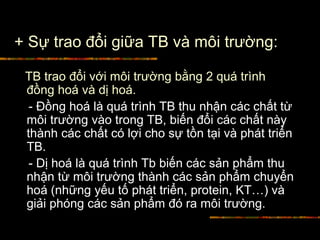 + Sự trao đổi giữa TB và môi trường:
TB trao đổi với môi trường bằng 2 quá trình
đồng hoá và dị hoá.
- Đồng hoá là quá trình TB thu nhận các chất từ
môi trường vào trong TB, biến đổi các chất này
thành các chất có lợi cho sự tồn tại và phát triển
TB.
- Dị hoá là quá trình Tb biến các sản phẩm thu
nhận từ môi trường thành các sản phẩm chuyển
hoá (những yếu tố phát triển, protein, KT…) và
giải phóng các sản phẩm đó ra môi trường.
 