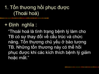 1. Tổn thương hồi phục được
(Thoái hoá)
+ Định nghĩa :
“Thoái hoá là tình trạng bệnh lý làm cho
TB có sự thay đổi về cấu trúc và chức
năng. Tổn thương chủ yếu ở bào tương
TB. Những tổn thương này có thể hồi
phục được khi các kích thích bệnh lý giảm
hoặc mất.”
 