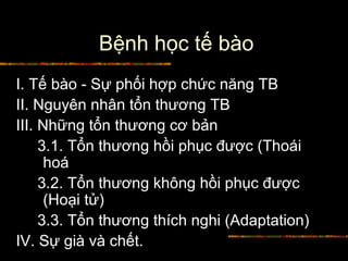 Bệnh học tế bào
I. Tế bào - Sự phối hợp chức năng TB
II. Nguyên nhân tổn thương TB
III. Những tổn thương cơ bản
3.1. Tổn thương hồi phục được (Thoái
hoá
3.2. Tổn thương không hồi phục được
(Hoại tử)
3.3. Tổn thương thích nghi (Adaptation)
IV. Sự già và chết.
 
