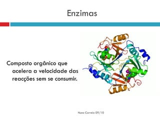 Enzimas




Composto orgânico que
  acelera a velocidade das
  reacções sem se consumir.




                          Nuno Correia 09/10
 