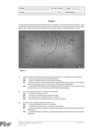 Desafios, Biologia e Geologia 10.o ano
© ASA, 2015
Página 2 de 11
Grupo I
O mapa da figura representa parte doAtlânticoNorte e abrange o território português. Na figura, estão
assinaladas as idades das rochasda crusta oceânica,segundoalinhamentos correspondentes a isócronas
(linhas que unem pontos do fundo oceânico com a mesma idade, em milhões de anos – M.a.).
Figura 1
1. A datação das rochas do fundo oceânico presente na figura 1 corresponde a uma datação…
(A) … absoluta, pois obtemos uma idade numérica.
(B) … relativ a, dado que obtemos uma idade numérica.
(C) … absoluta,uma vezque determinamos se um segmentoda crusta oceânica é mais antigo ou
mais recente do que outro, de acordo com o Princípio da Sobreposição.
(D) … relativa, pois determinamos se um segmento da crusta oceânica é mais antigo ou mais
recente do que outro, de acordo com o Princípio da Sobreposição.
2. A taxa de expansão oceânica na região representada…
(A) … foi nula nos últimos 37 M.a.
(B) … é maior para regiões mais próximas do rifte.
(C) … foi máxima entre os últimos 80 M.a. e 7 6 M.a.
(D) … tem sido constante desde a abertura do oceano Atlântico.
3. De acordo com os dados é possív el concluir que…
(A) … o oceano Atlântico não se está a expandir.
(B) … o Atlântico é o oceano com a maior taxa de expansão.
(C) … a abertura dooceanoAtlântico, na regiãorepresentada, se fezde sul para nortee de forma
progressiv a.
(D) … a abertura doOceanoAtlântico, na regiãorepresentada,se fezde norte para sul e de forma
progressiv a.
Escola:______________________________ 10.o
ano Turma_____ Data ___/___/_____
Nome_________________________________________ N.o
____ Classificação________
 