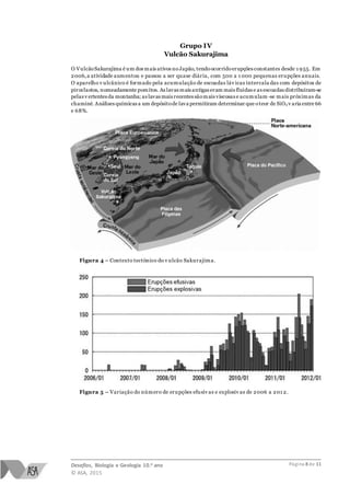Desafios, Biologia e Geologia 10.o ano
© ASA, 2015
Página 8 de 11
Grupo IV
Vulcão Sakurajima
O VulcãoSakurajima é um dos mais ativos noJapão, tendoocorridoerupções constantes desde 1 955. Em
2006,a atividade aumentou e passou a ser quase diária, com 500 a 1 000 pequenas erupções anuais.
O aparelho v ulcânico é formado pela acumulação de escoadas láv icas intercala das com depósitos de
piroclastos, nomeadamente pomitos. As lavas mais antigas eram mais fluidas e as escoadas distribuíram-se
pelas v ertentes da montanha; as lavas mais recentes sãomais viscosas e acumulam -se mais próximas da
chaminé. Análises químicas a um depósitode lava permitiram determinar que oteor de SiO2 v aria entre 66
e 68%.
Figura 4 – Contexto tectónico do v ulcão Sakurajima.
Figura 5 – Variação do número de erupções efusiv as e explosiv as de 2006 a 201 2.
 
