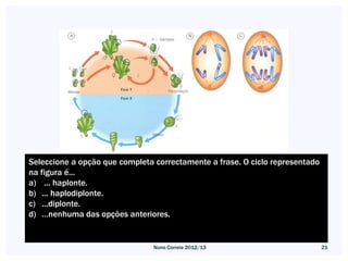 Seleccione a opção que completa correctamente a frase. O ciclo representado
na figura é...
a) ... haplonte.
b) ... haplodiplonte.
c) ...diplonte.
d) …nenhuma das opções anteriores.


                                Nuno Correia 2012/13                          21
 