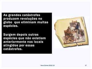 As grandes catástrofes
produzem revoluções no
globo que eliminam muitas
espécies.

Surgem depois outras
espécies que não existiam
anteriormente nos locais
atingidos por essas
catástrofes.



                     Nuno Correia 2012/13   17
 