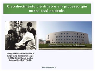 O conhecimento científico é um processo que
           nunca está acabado.




Biophysics Department research at
 King's using electron microscope
  [1960s] (King's College London
    Archives Ref: KDBP/PH191)


                                    Nuno Correia 2012/13
 