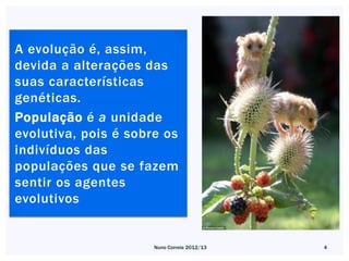 A evolução é, assim,
devida a alterações das
suas características
genéticas.
População é a unidade
evolutiva, pois é sobre os
indivíduos das
populações que se fazem
sentir os agentes
evolutivos


                      Nuno Correia 2012/13   4
 