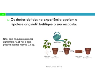 Os dadosobtidos naexperiência apoiama hipóteseoriginal? Justifique asua resposta. 
Nuno Correia 09/10 
10 
Não, poisenquanto aplanta aumentou73,85 kg, osolo pesavaapenas menos0,1 kg.  