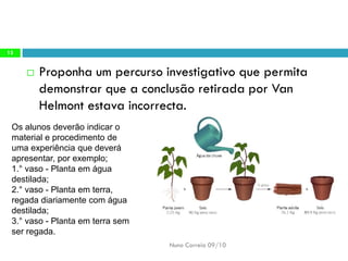 Proponha umpercurso investigativoque permitademonstrar quea conclusãoretirada porVanHelmontestava incorrecta. 
Nuno Correia 09/10 
13Os alunosdeverão indicaro materiale procedimentode umaexperiência quedeverá apresentar, porexemplo; 1.°vaso-Plantaem águadestilada; 2.°vaso-Plantaem terra, regadadiariamente comágua destilada; 3.°vaso-Plantaem terrasem serregada.  