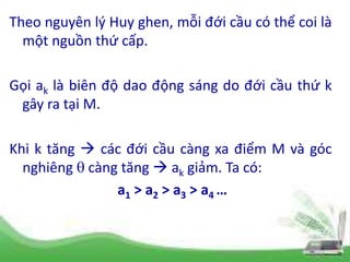 Theo nguyên lý Huy ghen, mỗi đới cầu có thể coi là
một nguồn thứ cấp.
Gọi ak là biên độ dao động sáng do đới cầu thứ k
gây ra tại M.
Khi k tăng  các đới cầu càng xa điểm M và góc
nghiêng  càng tăng  ak giảm. Ta có:
a1 > a2 > a3 > a4 …
 