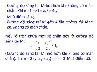 Cường độ sáng tại M lớn hơn khi không có màn
chắn. Khi n =1 => I = a1
2 = 4I0
M là điểm sáng.
Cường độ sáng tại M gấp 4 lần cường độ sáng
khi không có màn chắn.
Nếu lỗ tròn chứa một số chẵn đới  cường độ
sáng tại M:
(Cường độ sáng tại M nhỏ hơn khi không có màn
chắn). Khi n = 2 (vì a1  a2) => I = 0 M là điểm tối.
2
1 n
0
a a
I = - < I
2 2
 
 
 
 