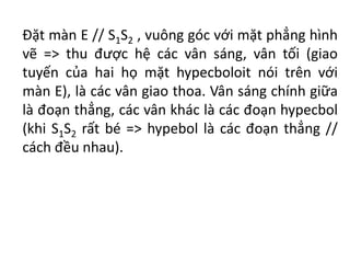 Đặt màn E // S1S2 , vuông góc với mặt phẳng hình
vẽ => thu được hệ các vân sáng, vân tối (giao
tuyến của hai họ mặt hypecboloit nói trên với
màn E), là các vân giao thoa. Vân sáng chính giữa
là đoạn thẳng, các vân khác là các đoạn hypecbol
(khi S1S2 rất bé => hypebol là các đoạn thẳng //
cách đều nhau).
 