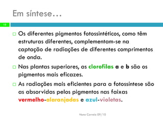 Em síntese… 
Os diferentes pigmentos fotossintéticos, como têm estruturas diferentes, complementam-se na captação de radiações de diferentes comprimentos de onda. 
Nas plantas superiores, as clorofilasae bsão os pigmentos mais eficazes. 
As radiações mais eficientes para a fotossíntese são as absorvidas pelos pigmentos nas faixas vermelho-alaranjadase azul-violetas. 
Nuno Correia 09/10 
15  