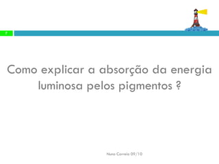 Como explicar a absorção da energia luminosa pelos pigmentos ? 
Nuno Correia 09/10 
7  