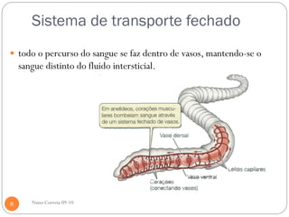 Sistema de transporte fechado
 todo o percurso do sangue se faz dentro de vasos, mantendo-se o
    sangue distinto do fluido intersticial.




8      Nuno Correia 09-10
 
