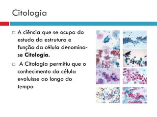 Citologia
   A ciência que se ocupa do
    estudo da estrutura e
    função da célula denomina-
    se Citologia.
    A Citologia permitiu que o
    conhecimento da célula
    evoluísse ao longo do
    tempo
 